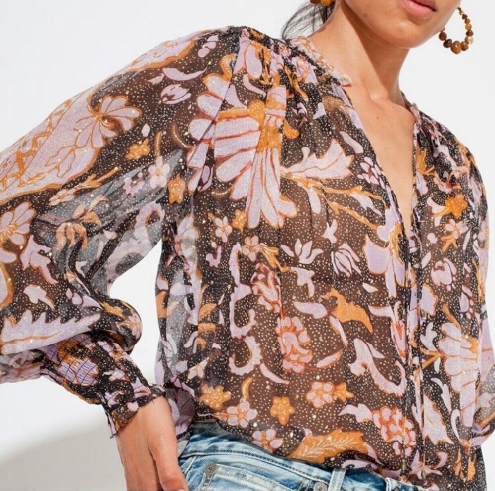 O.P.T. One Pretty Time Batik Print Smocked Feminine Puff Sleeve Top Brown S
